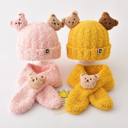 Autumn and winter children's plush bear hat scarf two-piece fleece-lined warm scarf cute plush hat baby