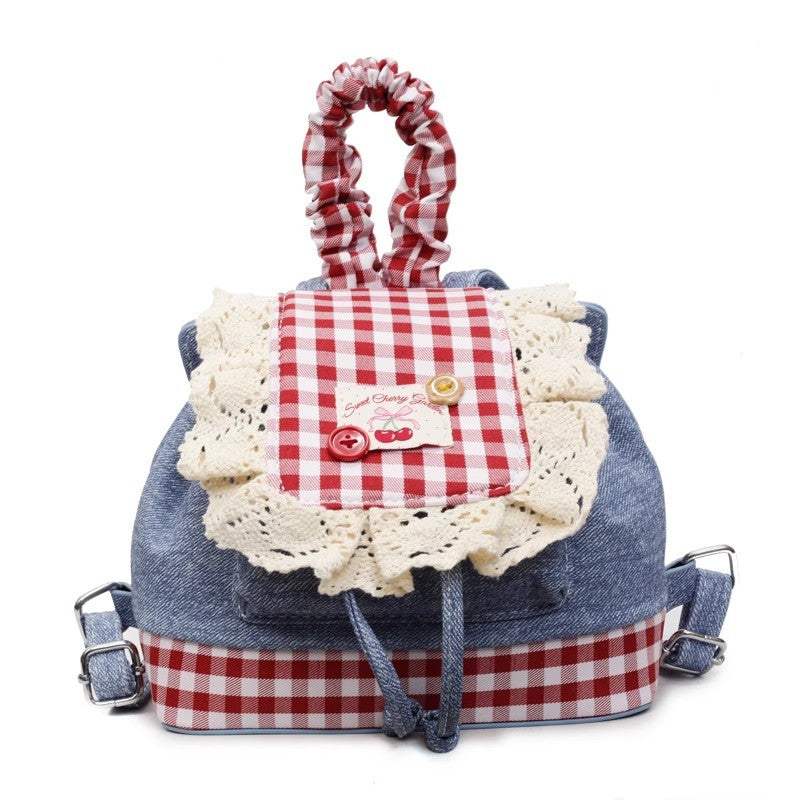 2026 New Korean Style Sweet Lace Backpack for Women, Fashionable Denim Color-Blocking Plaid School Bag