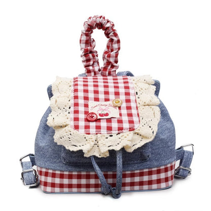 2026 New Korean Style Sweet Lace Backpack for Women, Fashionable Denim Color-Blocking Plaid School Bag