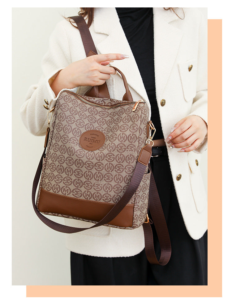 Backpack Women's Korean Style New Printed Retro Fashion Soft Leather Bag Large Capacity Work Travel Backpack Trendy