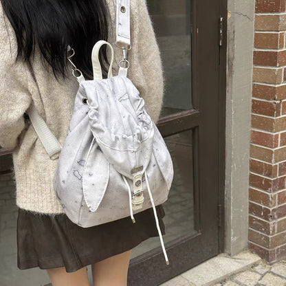 Retro Cute Rabbit Ears Backpack 2026 Niche Design Drawstring Casual Large Capacity Diagonal Backpack