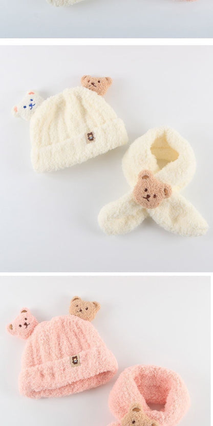 Autumn and winter children's plush bear hat scarf two-piece fleece-lined warm scarf cute plush hat baby