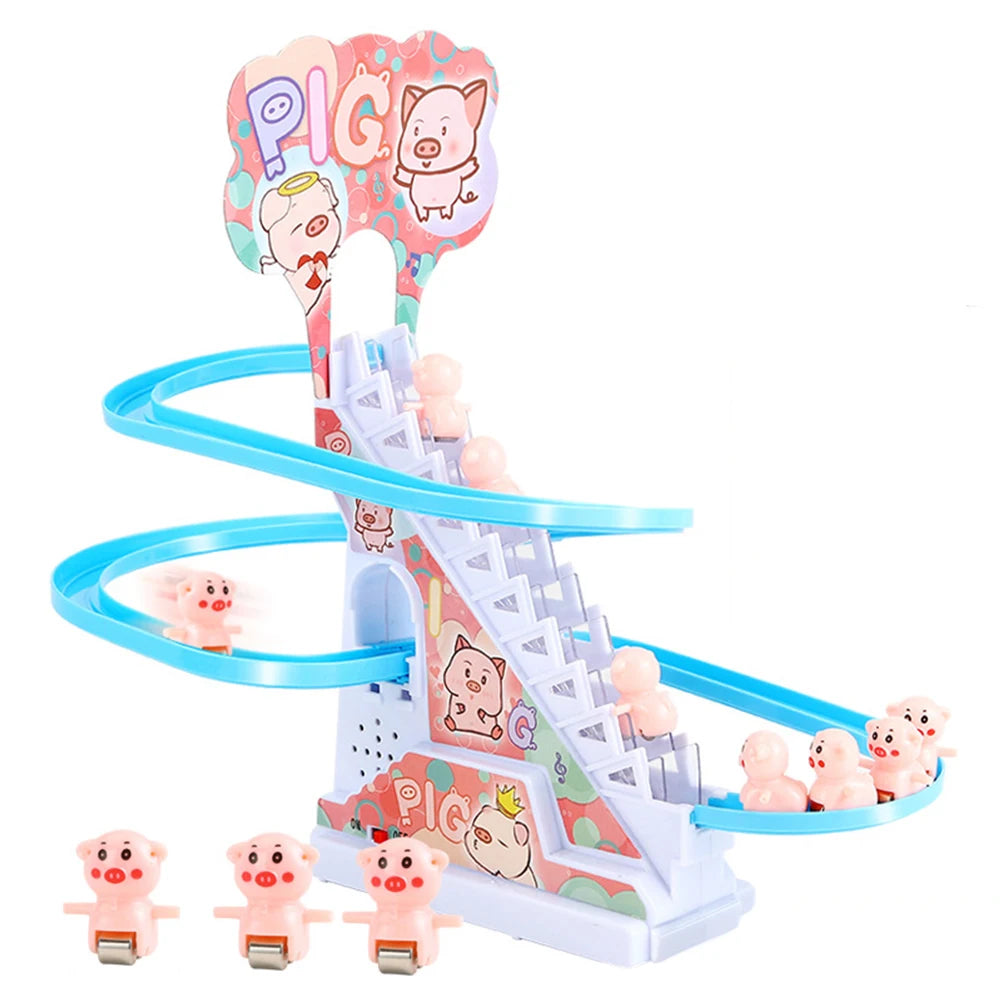 Kids Electric Climbing Stairs Toy DIY Small Penguin Dinosaur Rail Racing Track Music Roller Coaster Duck Toy For Baby Kids Gift