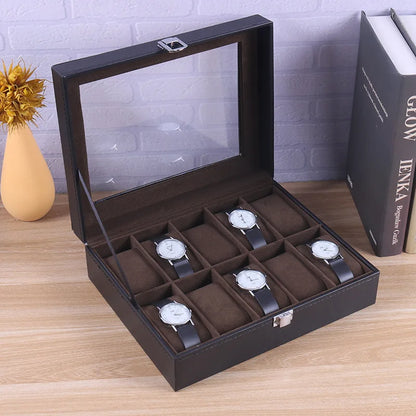Watch Box, 12-10-6-Slots Watch Case with Large Glass Lid, Removable Watch Pillows, Watch Box Organizer, Gift for Loved Ones