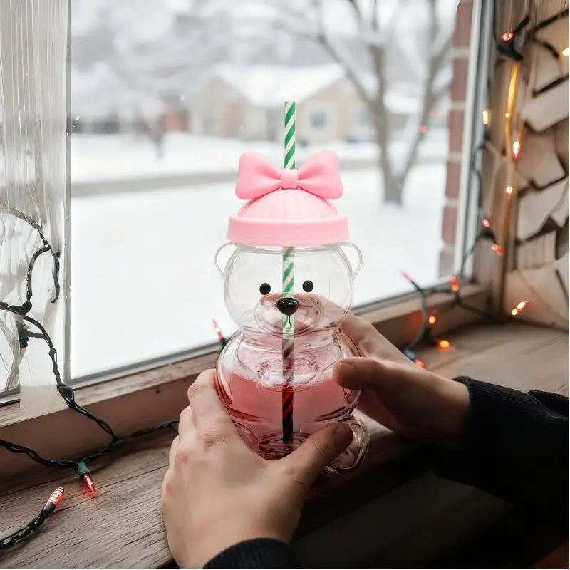 Bear Coffee Cup  Cartoon Bear Shaped Coffee Mug Cute Bear Mug Plastic Cup With Straw Transparent Creative Milk Coffee Water Cups