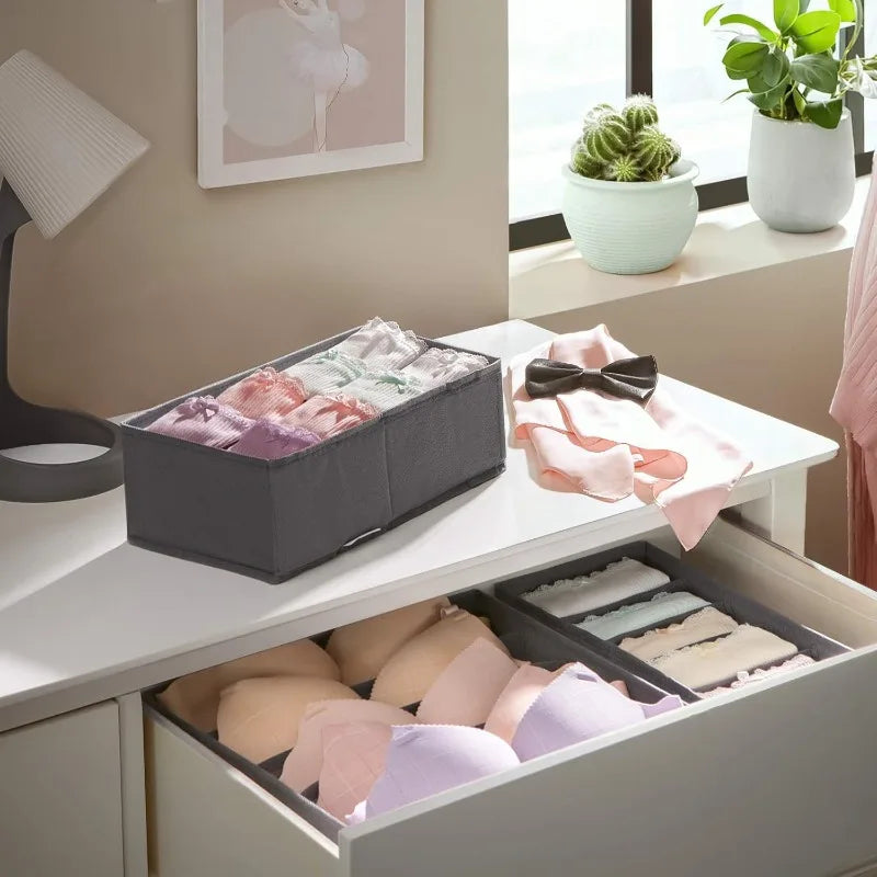 4pcs Foldable Drawer Organizer Set, Closet Storage System for Bras, Socks, and Ties, Gray RUS04GY, Polyester Material