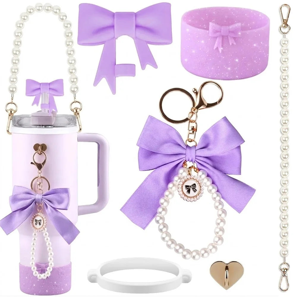 6pcs Tumbler Accessories Set for Stanley 40oz 30oz Cup, Perfect Gift, Coquette Bow & Pearl Style Water Bottle Decor for Gift