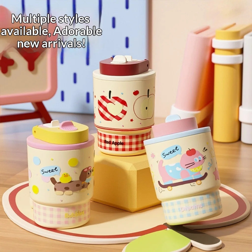 Cute Double Opening Insulated Tumbler for Women & Children with Straw and Sip Lid Portable Coffee Water Bottle Gift Idea