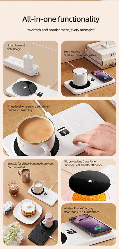 2 in 1 Coffee Mug Warmer Wireless Charger Multi-functional Cup Heating Pad 3 Gear Temperature Warmer Coaster For Milk Tea Water