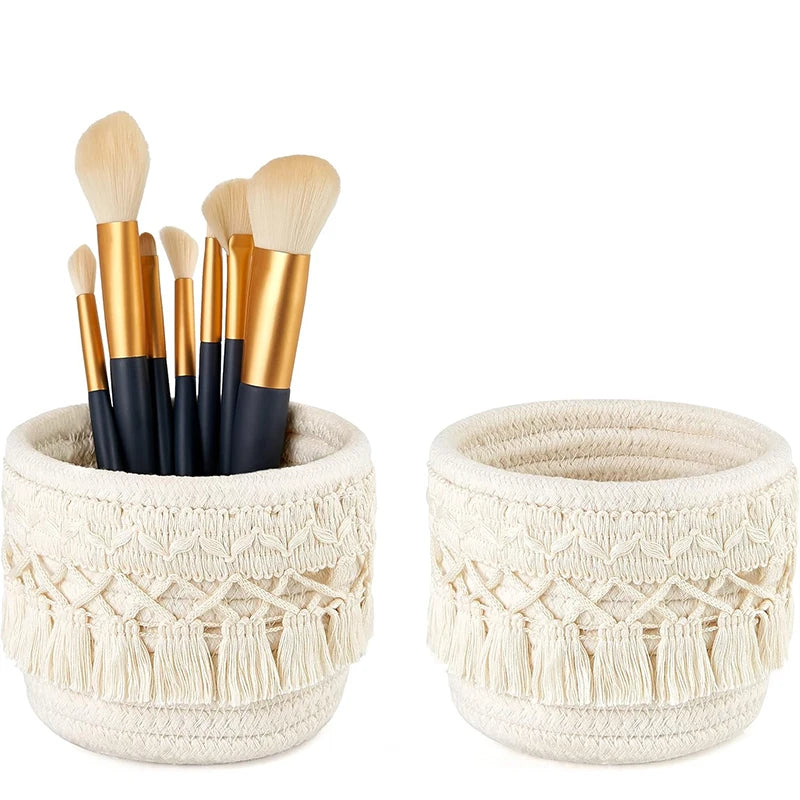 LMETJMA Macrame Makeup Organizer Boho Wicker Pencil Holder Makeup Brush Holder Organizer Comb Brushes Mini Storage Basket