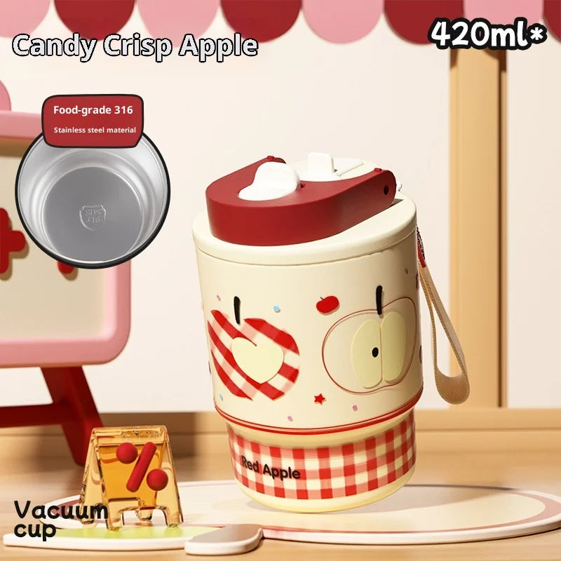 Cute Double Opening Insulated Tumbler for Women & Children with Straw and Sip Lid Portable Coffee Water Bottle Gift Idea