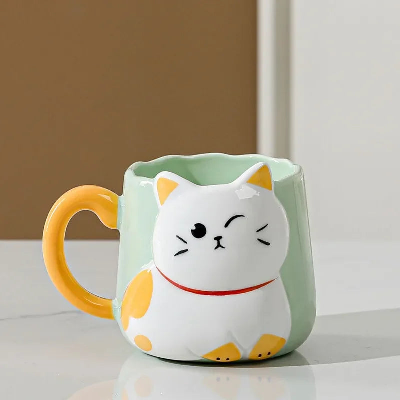 3D Embossed Ceramic Cup Cute Cat Coffee Milk Tea Breakfast Handle Cup Tableware Novelty Gift Home 500ml Mug