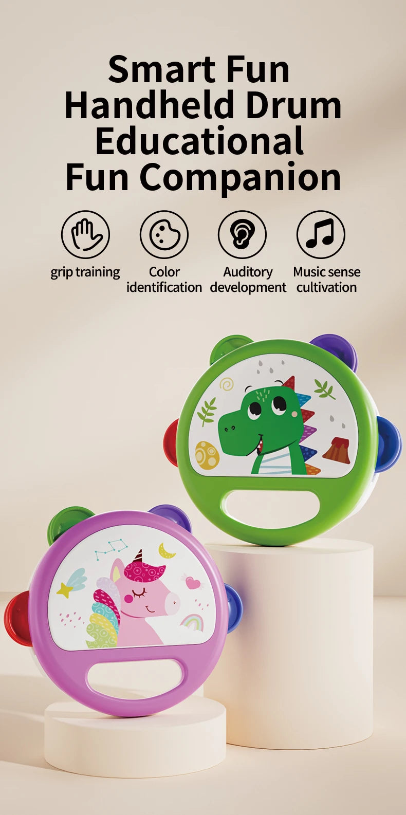 Baby Hand Drum Toys Montessori Musical Instruments Tambourine for Toddlers 1-3 Early Learning Percussion Music Toy