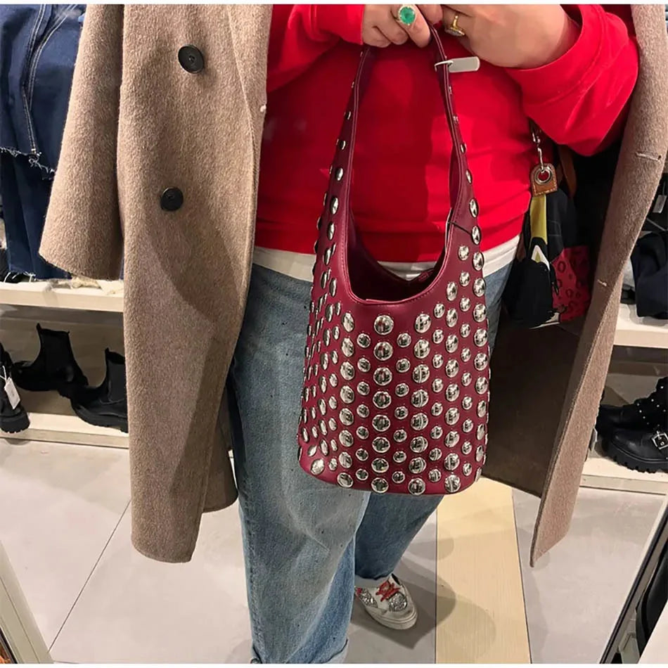Women's Bags Punk Style Embellished Double-Faced Round Rivet Inlaid Niche Luxury Bucket Bag Chic Lady Underarm Shoulder Bag