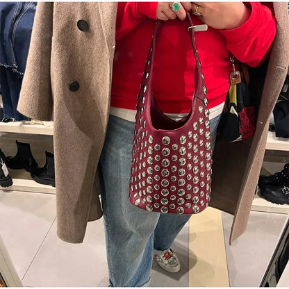 Women's Bags Punk Style Embellished Double-Faced Round Rivet Inlaid Niche Luxury Bucket Bag Chic Lady Underarm Shoulder Bag