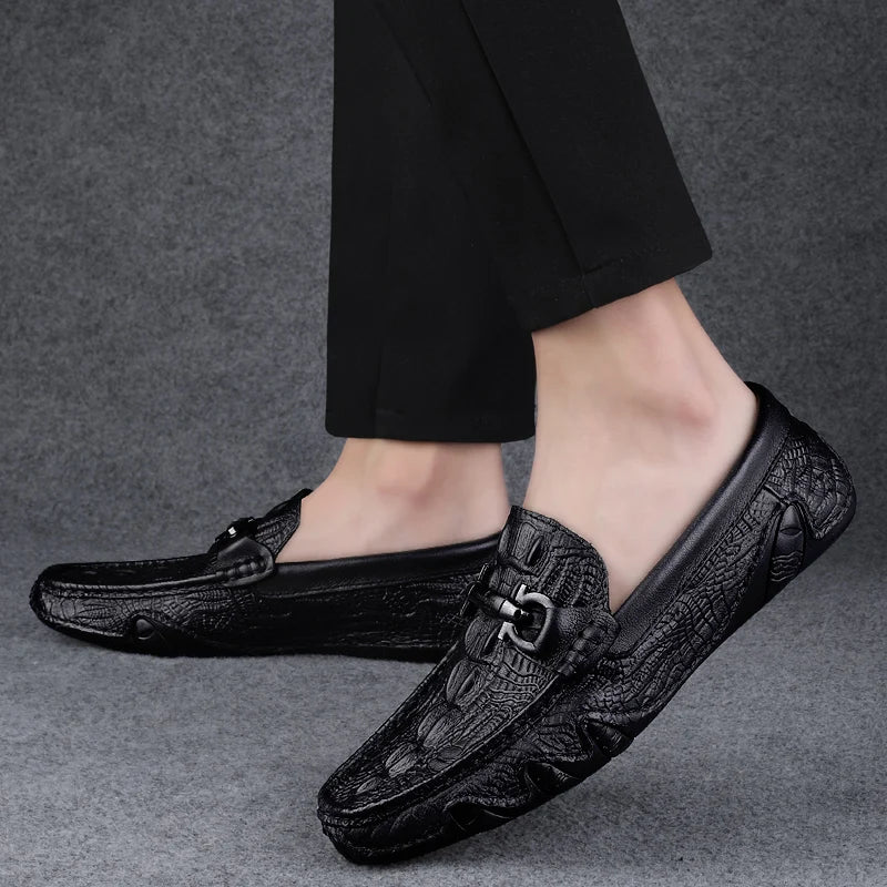 Mens Slip On Loafers Genuine Leather Casual Shoes Driving Moccasins Flats Luxury Brand Classic Black Handmade