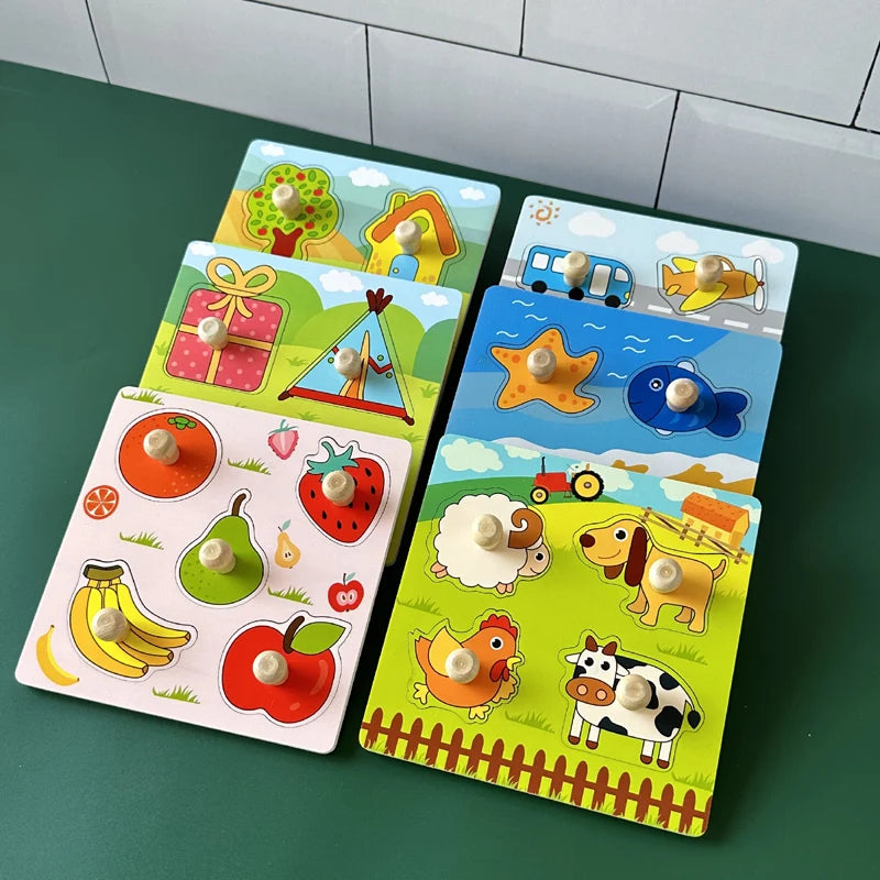 Baby Toys Montessori Wooden Puzzles Hand Grab Boards Toys Kids Early Learning Educational Cartoon Animal Fruit Vehicle Cognitive