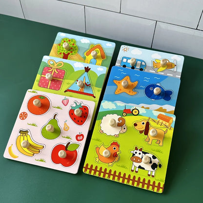 Baby Toys Montessori Wooden Puzzles Hand Grab Boards Toys Kids Early Learning Educational Cartoon Animal Fruit Vehicle Cognitive