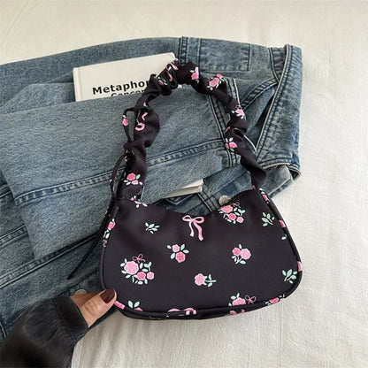 Women's Bag Summer Canvas Pleated Handlebags Armpit Bag Korean Floral Bow Printed Zipper Tote Bag Female Small Shoulder Bags