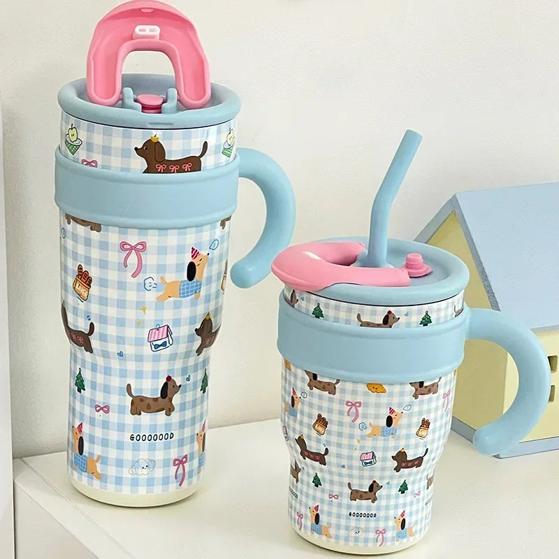 700/1200ml Large Capacity Straw Thermos Cup Stainless Steel Tumbler Bottle Car Travel Mugs With Handle Kawaii Thermos Cup Gift