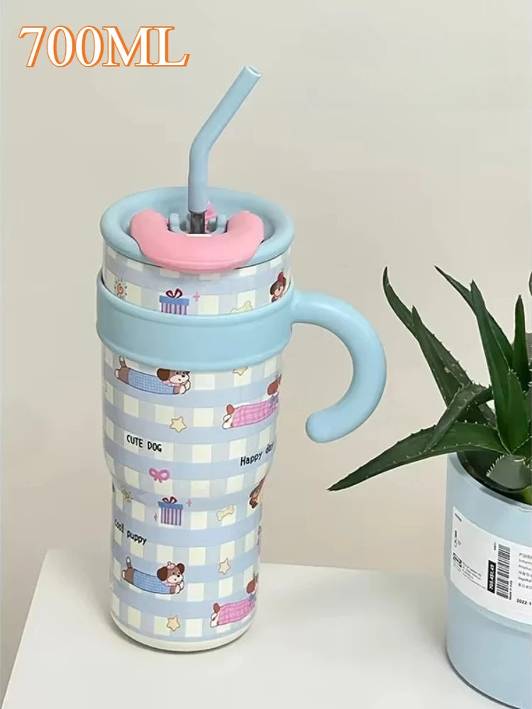 700/1200ml Large Capacity Straw Thermos Cup Stainless Steel Tumbler Bottle Car Travel Mugs With Handle Kawaii Thermos Cup Gift