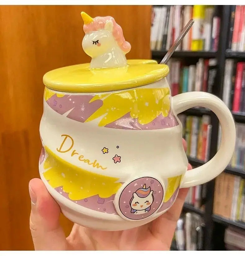 400ml Cute Unicorn Ceramic Cup Ins High Beauty Coffee Mug with Spoon Straw Box Dust Plug Small Summer Couple Water Cups Gift