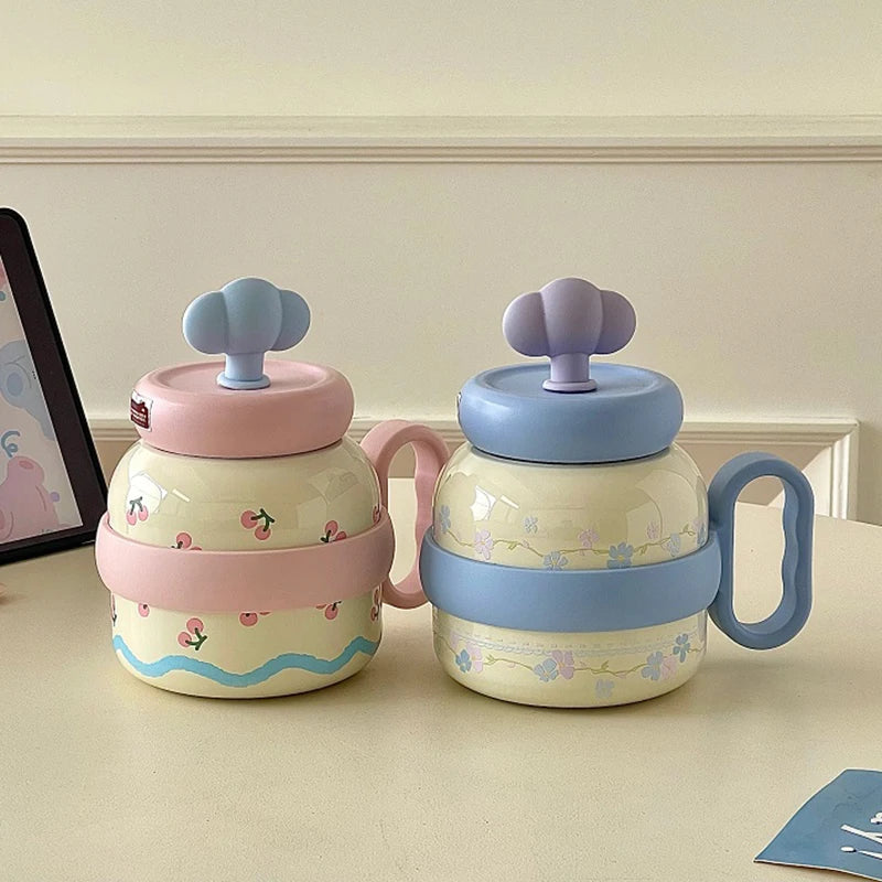 Large Capacity Insulated Cup Exquisite Printing Contrasting Straw Mugs Office Stainless Steel Portable Drinking Cups With Handle