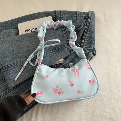 Women's Bag Summer Canvas Pleated Handlebags Armpit Bag Korean Floral Bow Printed Zipper Tote Bag Female Small Shoulder Bags