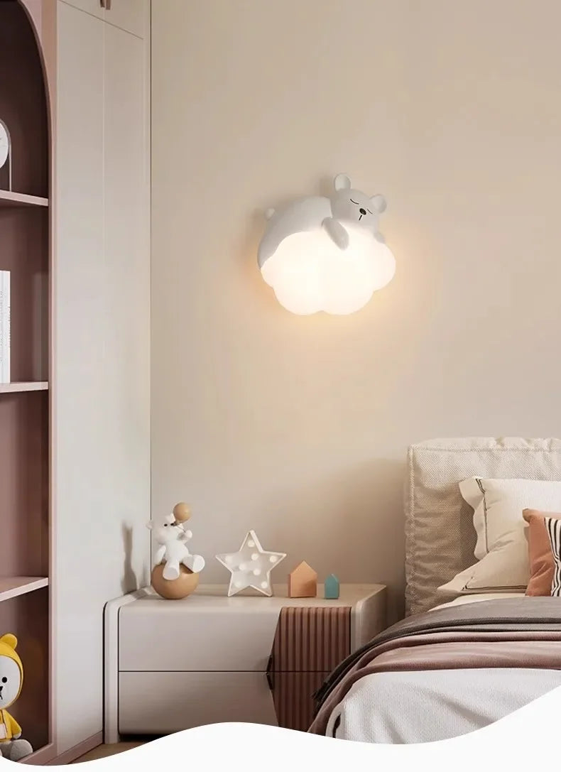 Cute Children's Room Bedside Wall Lamp Bear Rabbit Cloud Lamp Creative Cream Style Baby Room Nursery Boy Girl Bedroom Wall Light