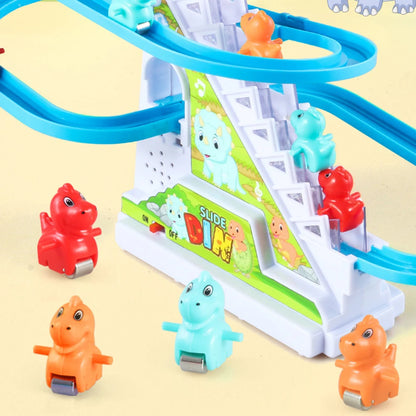 Kids Electric Climbing Stairs Toy DIY Small Penguin Dinosaur Rail Racing Track Music Roller Coaster Duck Toy For Baby Kids Gift