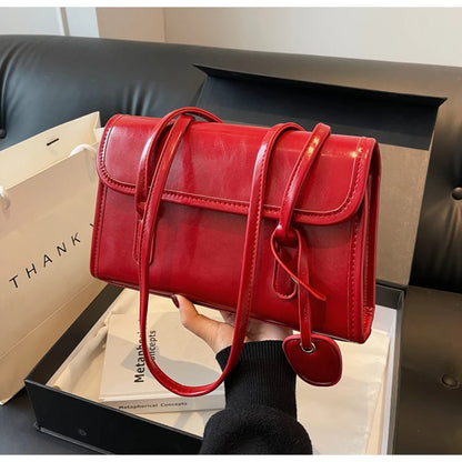 Fashion Red Shoulder Bags For Women Trendy Textured Solid Color Handbag Autumn Winter Versatile Female Underarm Pack