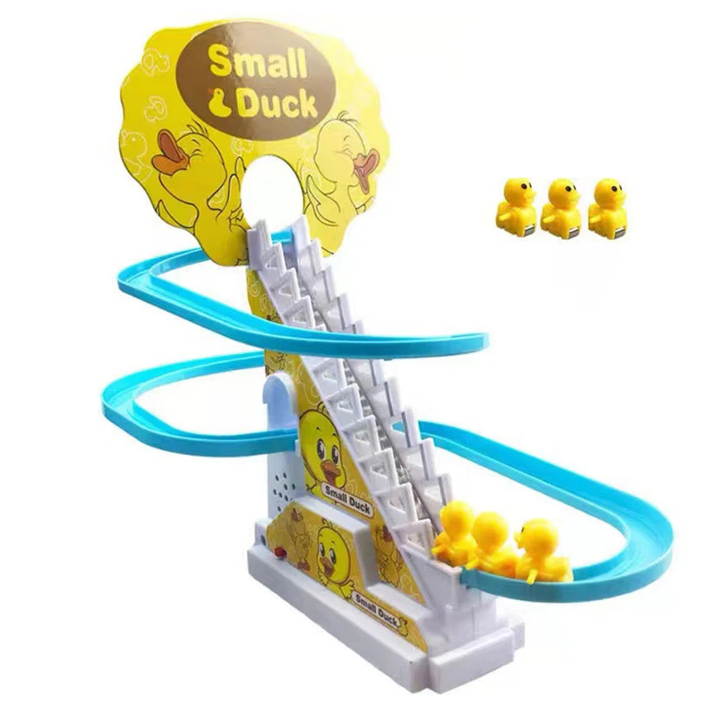 Kids Electric Climbing Stairs Toy DIY Small Penguin Dinosaur Rail Racing Track Music Roller Coaster Duck Toy For Baby Kids Gift