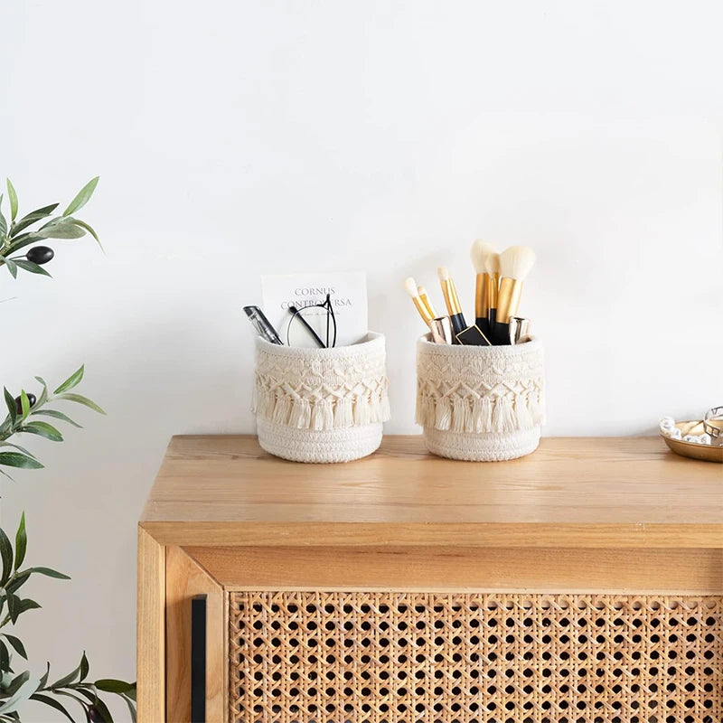 LMETJMA Macrame Makeup Organizer Boho Wicker Pencil Holder Makeup Brush Holder Organizer Comb Brushes Mini Storage Basket