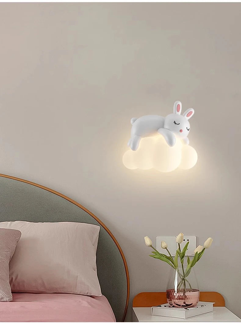 Cute Children's Room Bedside Wall Lamp Bear Rabbit Cloud Lamp Creative Cream Style Baby Room Nursery Boy Girl Bedroom Wall Light