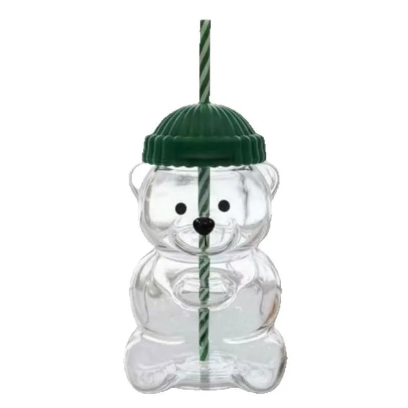Bear Shape Glass Cup with Straw&Lid Coffee Mug Cute Cartoon Creative Glass Juice Cup Tea Cup Drinkware Gift