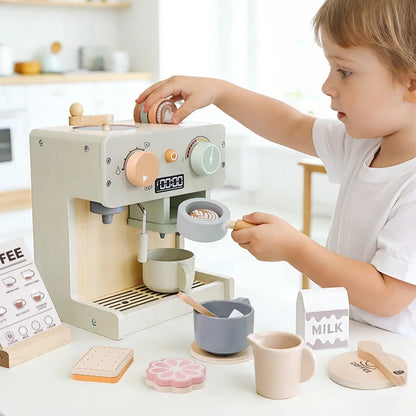 Wooden Kitchen Toy Pretend Play Food Set Dessert Bread Coffee Machine Toys For Girls Boys Role Play Afternoon Tea Game