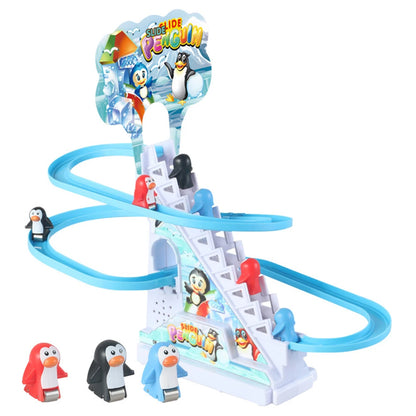 Kids Electric Climbing Stairs Toy DIY Small Penguin Dinosaur Rail Racing Track Music Roller Coaster Duck Toy For Baby Kids Gift