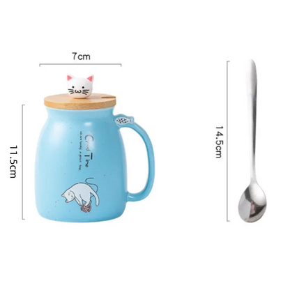 Cute Cartoon Ceramic Cup Japanese Coffee Mug with Wooden Lid and Spoon Iced Yogurt Smoothie Juice Cup Heat-resistant Water Mug