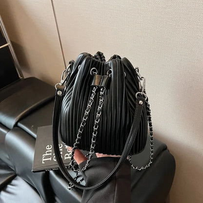 Black Bag For Women Fashion Pleated Strape Design Shoulder Bag Trend Drawstring Bucket Crossbody