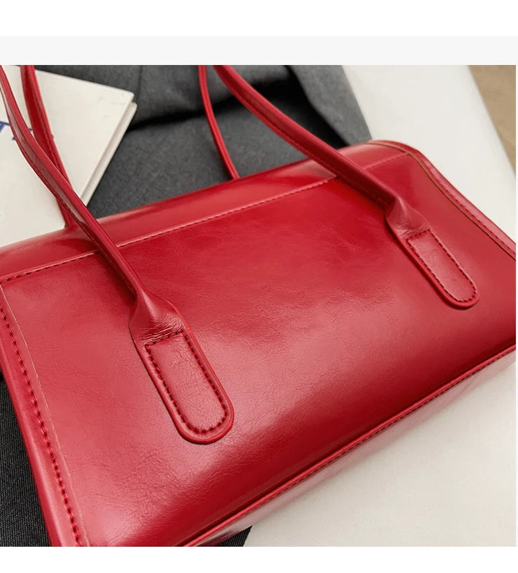 Fashion Red Shoulder Bags For Women Trendy Textured Solid Color Handbag Autumn Winter Versatile Female Underarm Pack