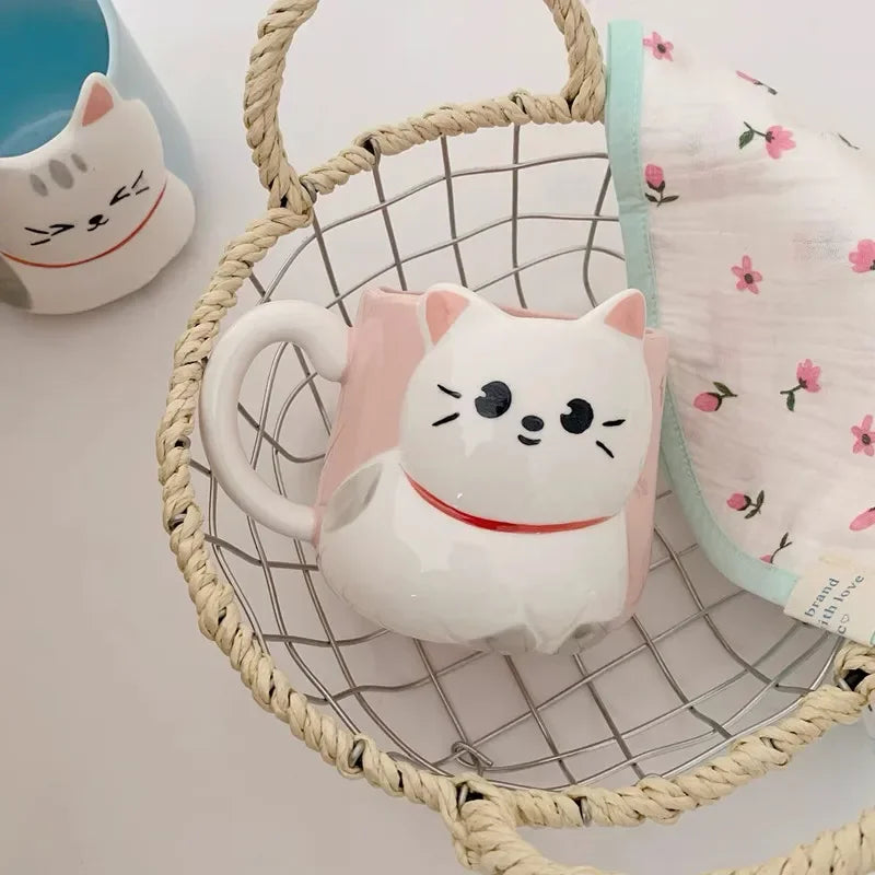 3D Embossed Ceramic Cup Cute Cat Coffee Milk Tea Breakfast Handle Cup Tableware Novelty Gift Home 500ml Mug