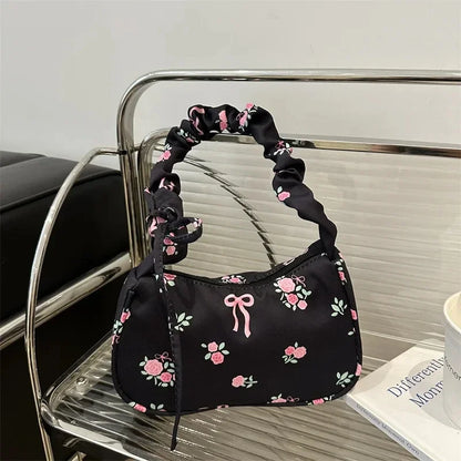 Women's Bag Summer Canvas Pleated Handlebags Armpit Bag Korean Floral Bow Printed Zipper Tote Bag Female Small Shoulder Bags