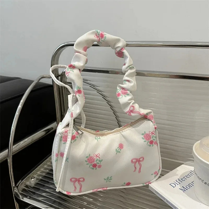 Women's Bag Summer Canvas Pleated Handlebags Armpit Bag Korean Floral Bow Printed Zipper Tote Bag Female Small Shoulder Bags
