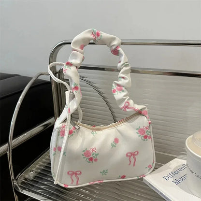 Women's Bag Summer Canvas Pleated Handlebags Armpit Bag Korean Floral Bow Printed Zipper Tote Bag Female Small Shoulder Bags