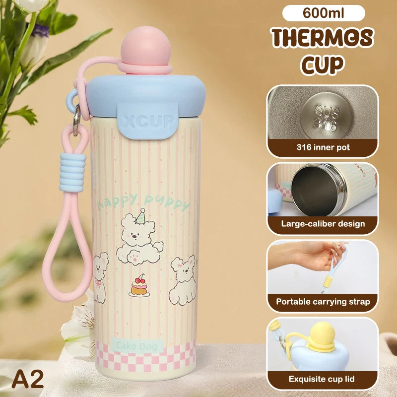 〔R〕Cartoon Animal Float Ball Water Bottle - 316 Stainless Steel Insulated Tumbler with Straw & Carry Strap for Kids and Students