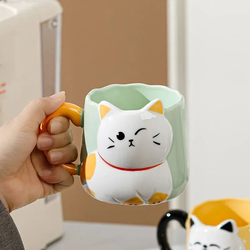 3D Embossed Ceramic Cup Cute Cat Coffee Milk Tea Breakfast Handle Cup Tableware Novelty Gift Home 500ml Mug