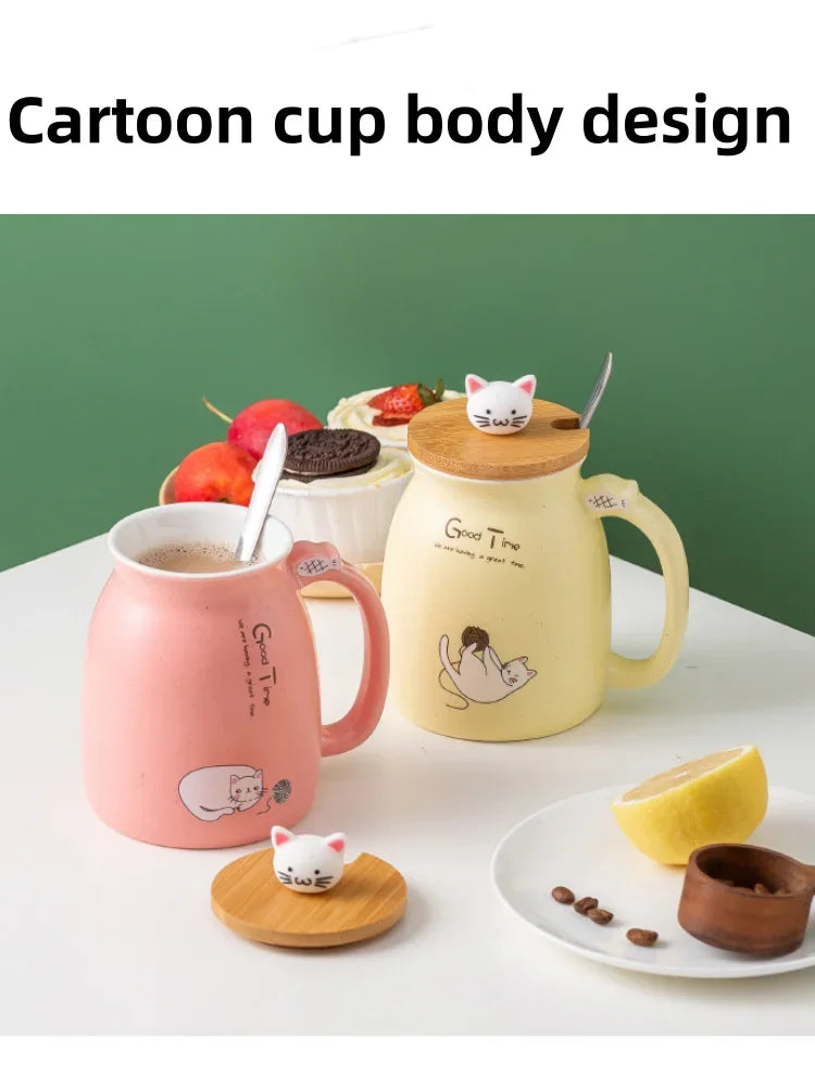 Cute Cartoon Ceramic Cup Japanese Coffee Mug with Wooden Lid and Spoon Iced Yogurt Smoothie Juice Cup Heat-resistant Water Mug