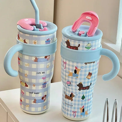 700/1200ml Large Capacity Straw Thermos Cup Stainless Steel Tumbler Bottle Car Travel Mugs With Handle Kawaii Thermos Cup Gift