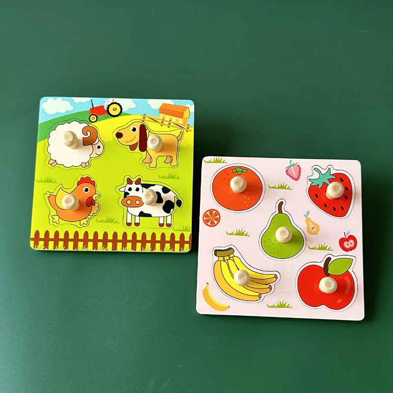 Baby Toys Montessori Wooden Puzzles Hand Grab Boards Toys Kids Early Learning Educational Cartoon Animal Fruit Vehicle Cognitive