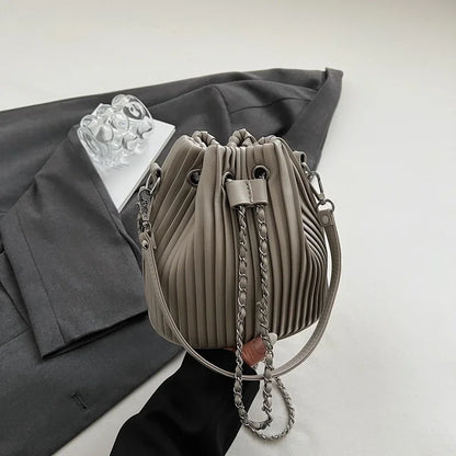 Black Bag For Women Fashion Pleated Strape Design Shoulder Bag Trend Drawstring Bucket Crossbody